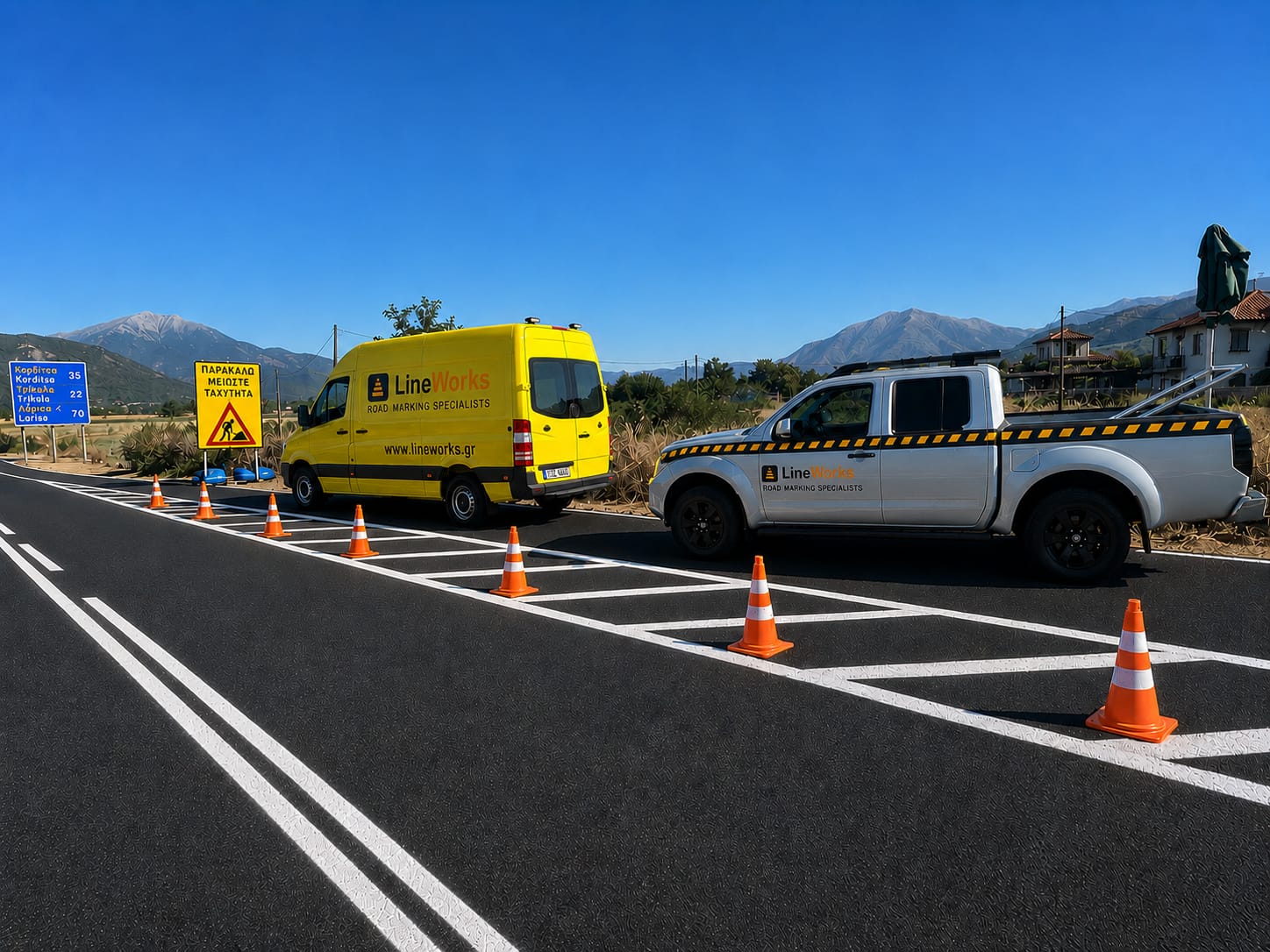 Marking van and signage pickup parked roadside on a provincial road