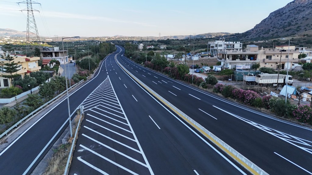Newly marked multi-lane highway with chevron gore markings