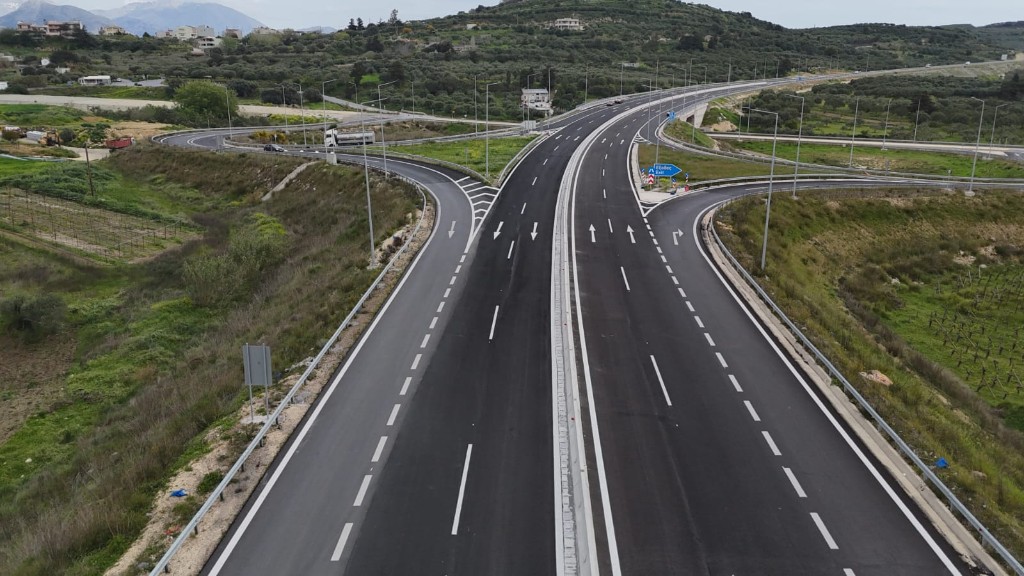 Highway interchange with lane markings and directional arrows